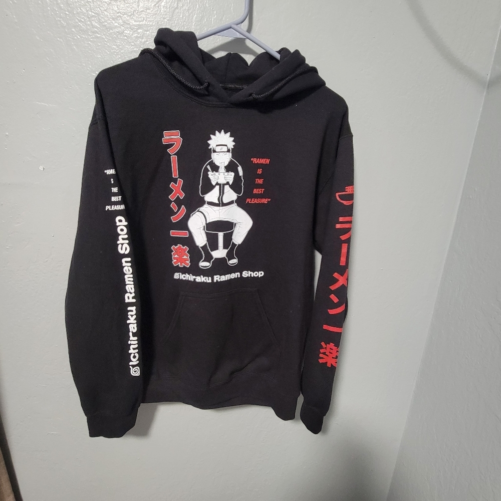 Black Graphic Hoodie with Red and White Design